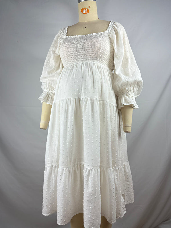 fotobeyou White Off Shoulder Ruffle Shirred Boat Neck Puff Sleeve Bow Bohemian Ivory Maternity Photoshoot Dress