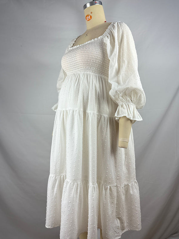 fotobeyou White Off Shoulder Ruffle Shirred Boat Neck Puff Sleeve Bow Bohemian Ivory Maternity Photoshoot Dress