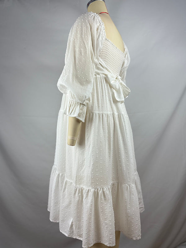fotobeyou White Off Shoulder Ruffle Shirred Boat Neck Puff Sleeve Bow Bohemian Ivory Maternity Photoshoot Dress