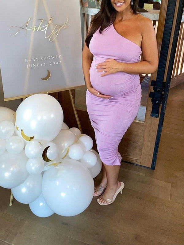 fotobeyou Lavender Ruched One Shoulder Irregular Ruffle Bodycon Elegant Baby Shower Party Maternity Midi Dress
