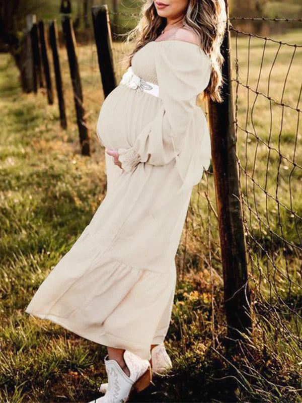 fotobeyou Ruffle High Waist Falbala Boho Flowy Long Sleeve Plus Size Baby Shower Maternity Photoshoot Midi Dress