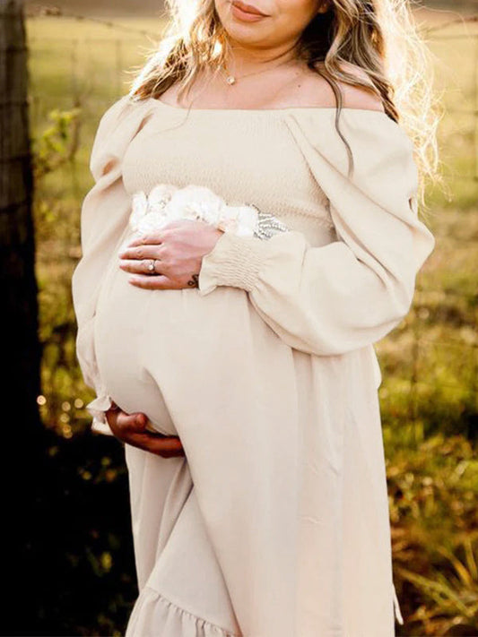 fotobeyou Ruffle High Waist Falbala Boho Flowy Long Sleeve Plus Size Baby Shower Maternity Photoshoot Midi Dress