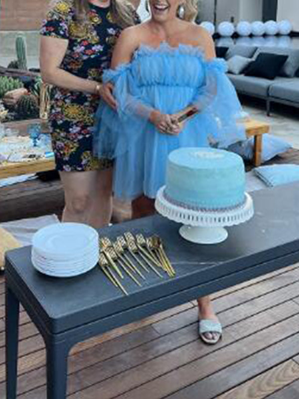 Blue Off Shoulder Tulle Cute Baby Shower Maternity Mini Dress