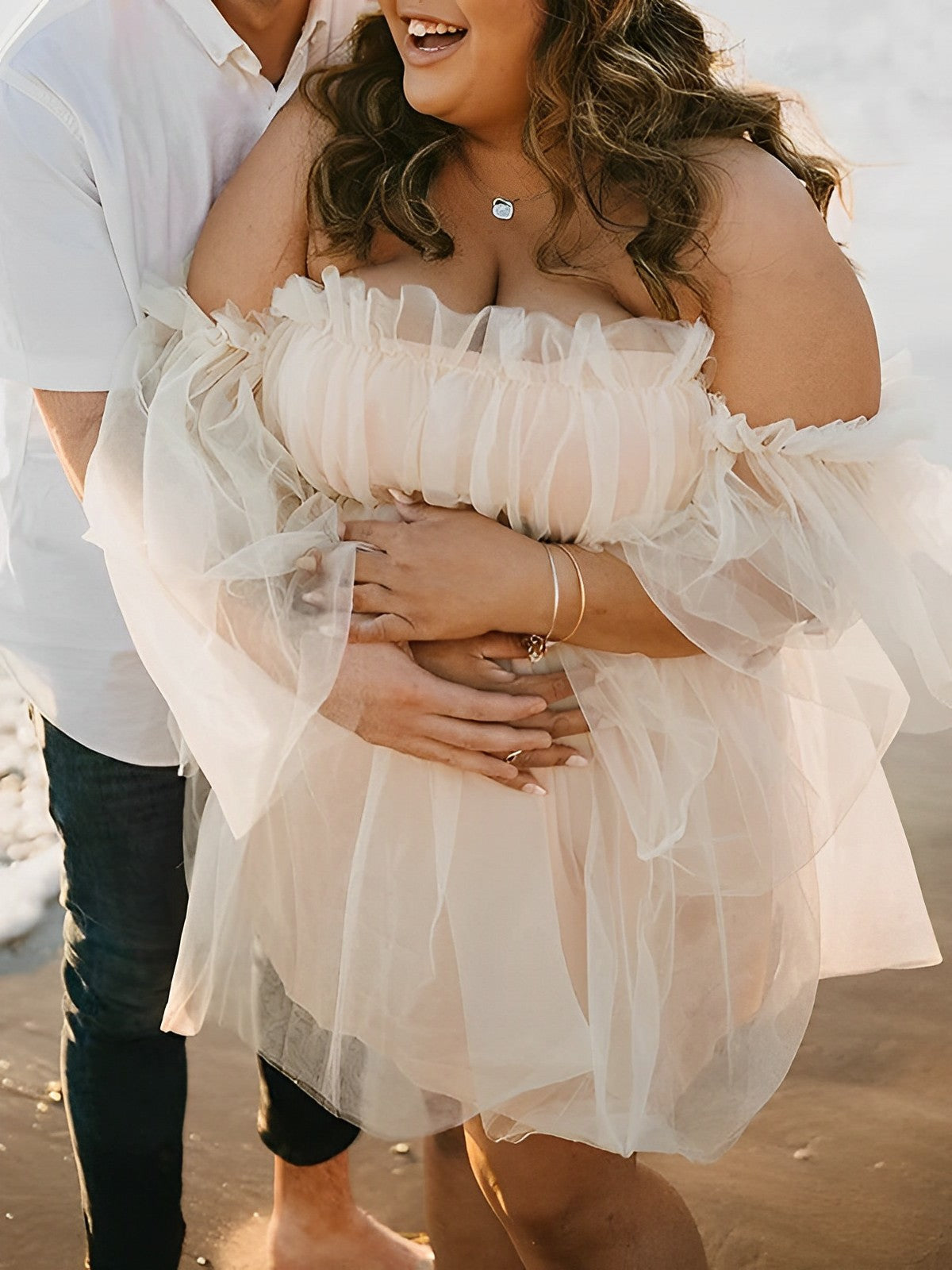 fotobeyou Apricot Cascading Ruffle Off Shoulder Tulle Pricess Mesh Cottagecore Cream Baby Shower Photoshoot Pregnant Maternity Mini Dress