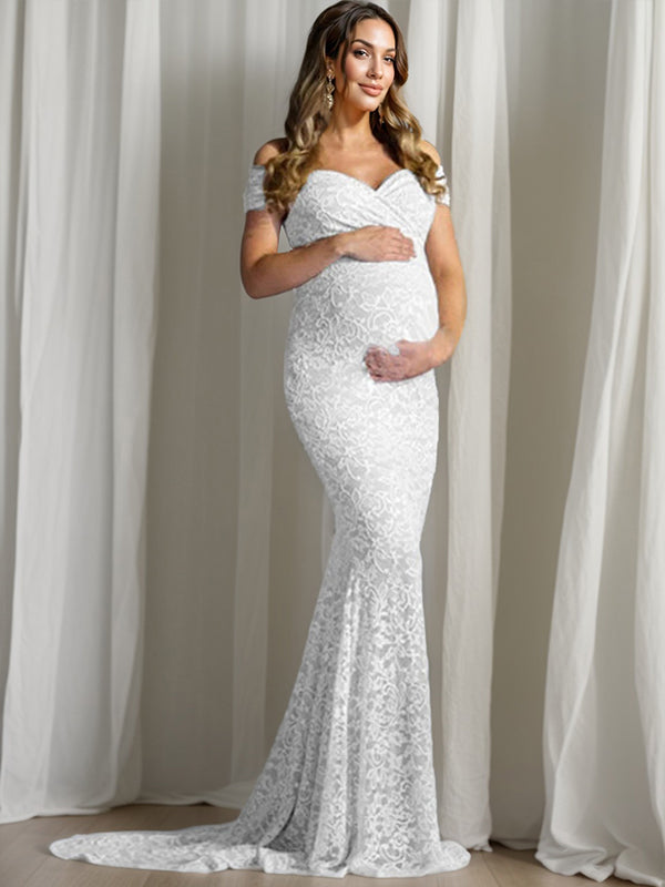 fotobeyou Floral Lace Off Shoulder Mermaid PhotoShoot Baby Shower Pregnant Maternity Maxi Dress