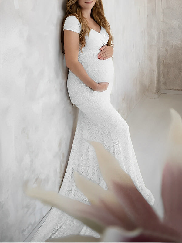 fotobeyou Floral Lace Off Shoulder Mermaid PhotoShoot Baby Shower Pregnant Maternity Maxi Dress