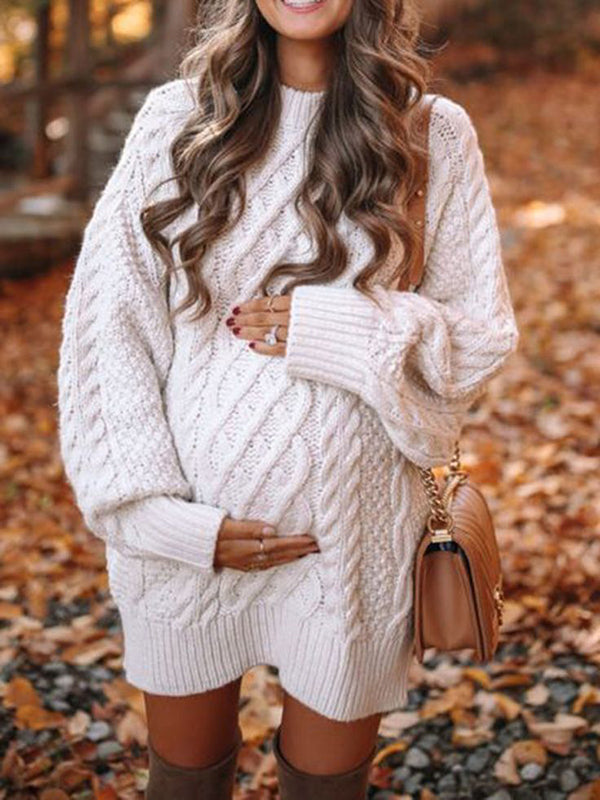 fotobeyou White Oversized Cable Knitting Streetwear Mini Maternity Pullover Sweater