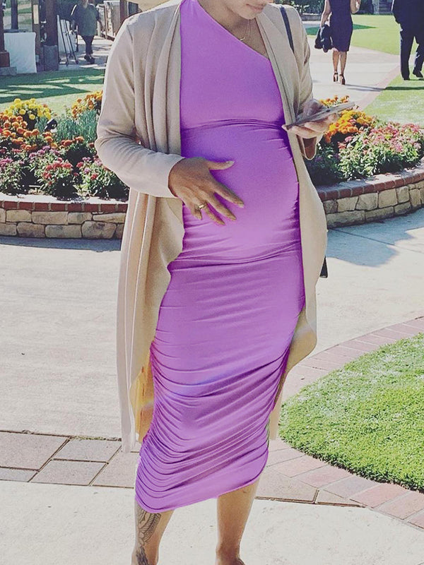 fotobeyou Lavender One Shoulder Ruched Shirred Bodycon Baby Shower Maternity Midi Dress