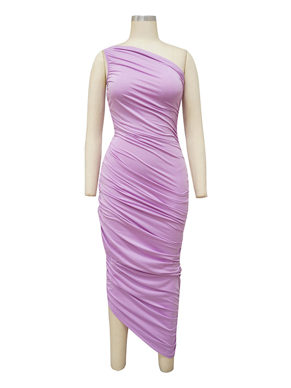 fotobeyou Lavender One Shoulder Ruched Shirred Bodycon Baby Shower Maternity Midi Dress