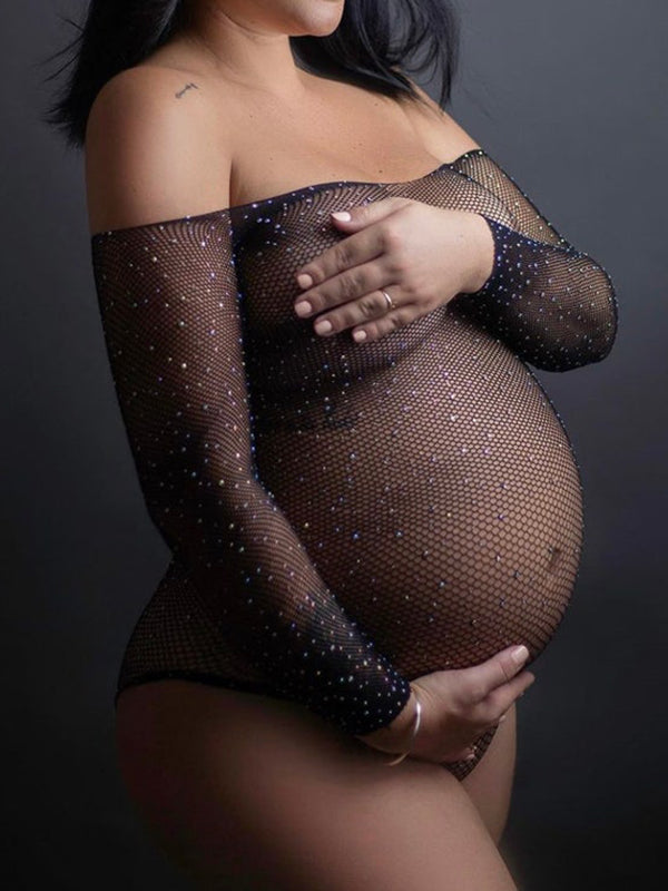 fotobeyou Black Off Shoulder Maternity Photoshoot Body Rhinestones Crystal Bodysuit
