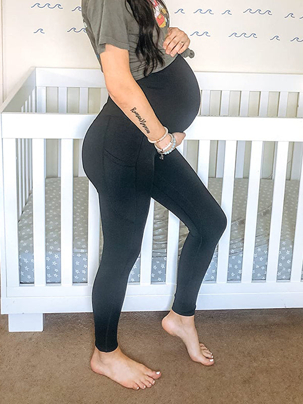 fotobeyou Black Pockets High Rise Stretch Pregnant Legging Sports Maternity Long Leggings