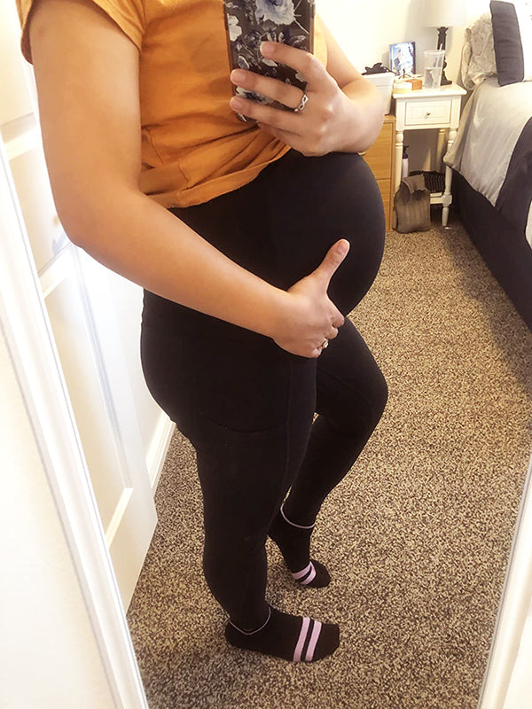 fotobeyou Black Pockets High Rise Stretch Pregnant Legging Sports Maternity Long Leggings