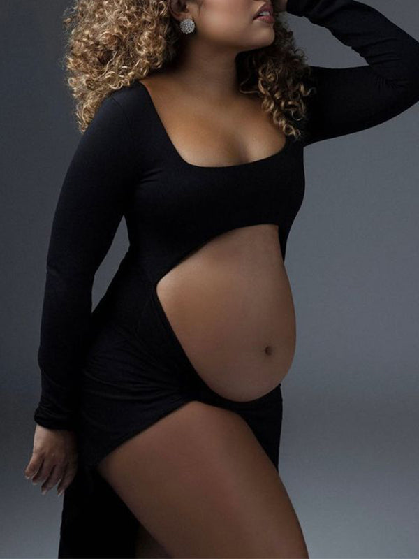 fotobeyou Black Ruffle Cut Out Crop Side Slit Irregular Bodycon Photoshoot Maternity Maxi Dress