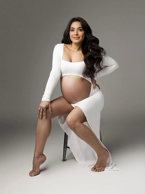 fotobeyou White Ruffle Cut Out Crop Side Slit Irregular Bodycon Photoshoot Maternity Maxi Dress