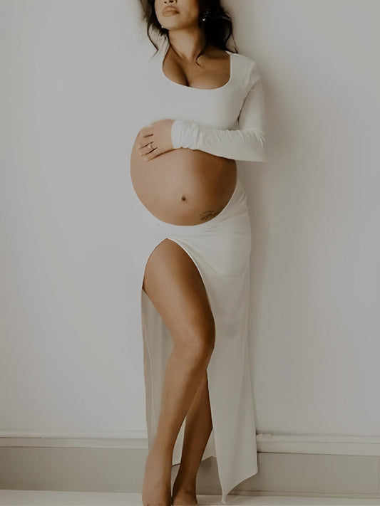 fotobeyou White Ruffle Cut Out Crop Side Slit Irregular Bodycon Photoshoot Maternity Maxi Dress