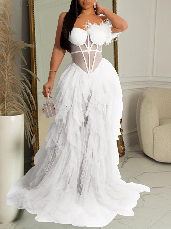 fotobeyou Bandeau Off Shoulder Feather Tulle Tutu Grenadine Photoshoot Maternity Maxi Dress