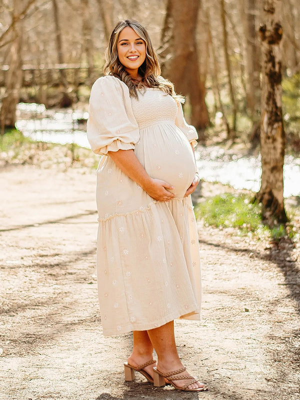 fotobeyou Apricot Daisy Print Smocked Off Shoulder Maternity Photoshoot Maxi Dress