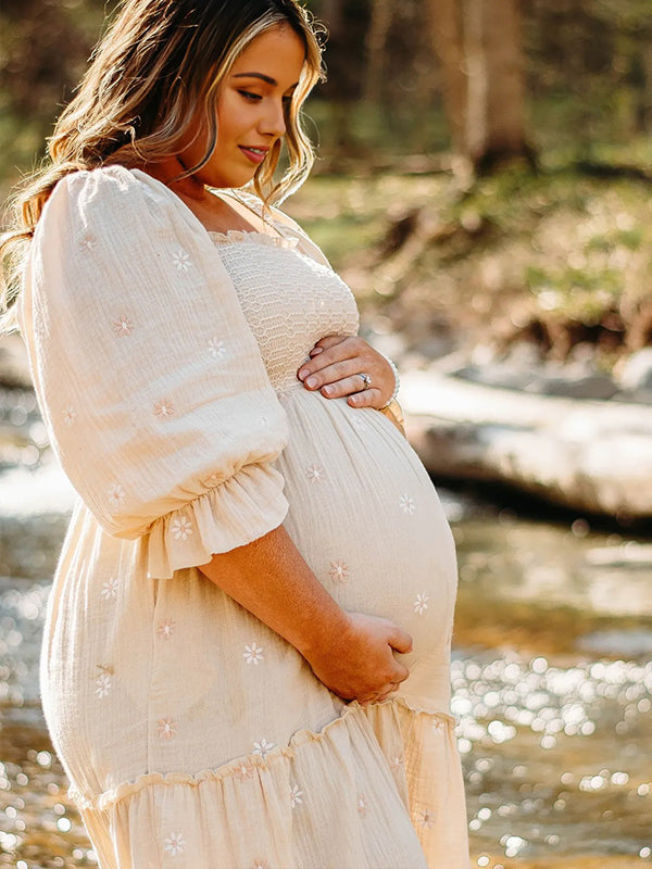 fotobeyou Apricot Daisy Print Smocked Off Shoulder Maternity Photoshoot Maxi Dress