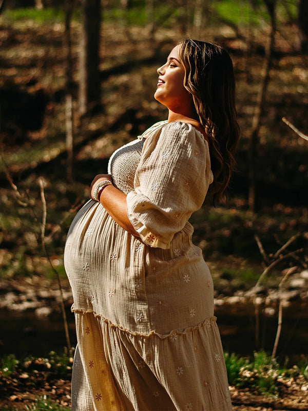 fotobeyou Apricot Daisy Print Smocked Off Shoulder Maternity Photoshoot Maxi Dress
