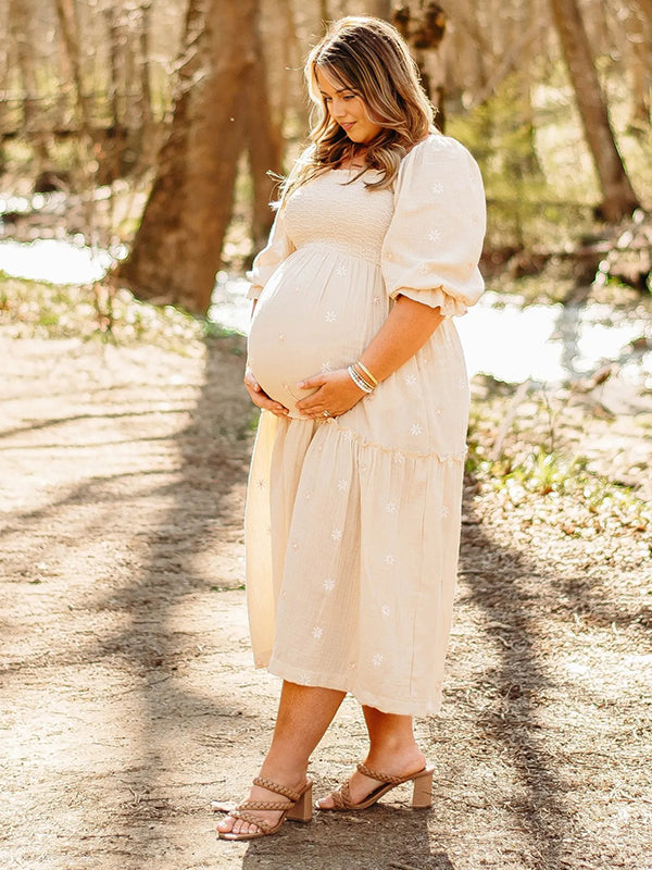 fotobeyou Apricot Daisy Print Smocked Off Shoulder Maternity Photoshoot Maxi Dress