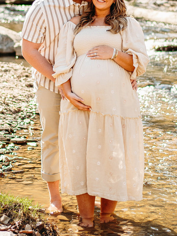 fotobeyou Apricot Daisy Print Smocked Off Shoulder Maternity Photoshoot Maxi Dress