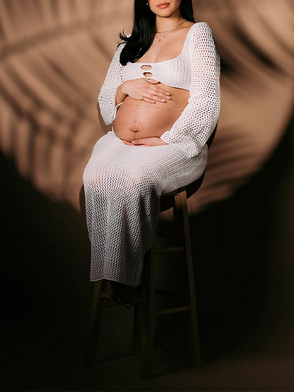 fotobeyou White 2 Piece Crochet Mesh Backless Flare Sleeve Bodycon Vacation Beach Photoshoot Baby Shower Maternity Maxi Dress