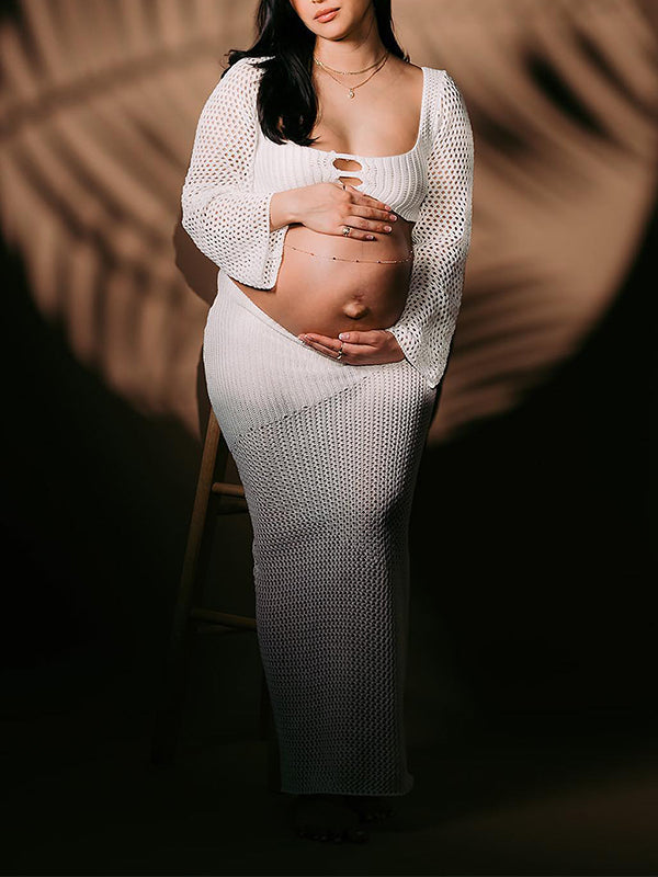 fotobeyou White 2 Piece Crochet Mesh Backless Flare Sleeve Bodycon Vacation Beach Photoshoot Baby Shower Maternity Maxi Dress