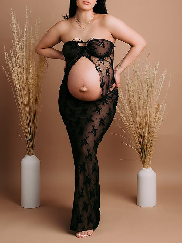 fotobeyou 2 Piece Lace Tube Tie Ruffle Elegant Fashion Bodycon Vacation Photoshoot Baby Shower Maternity Maxi Dress
