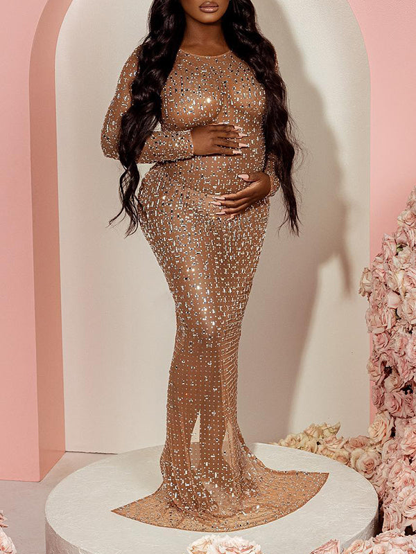 fotobeyou Sparkly Diamond Rhinestone Mesh Slit Long Sleeve Mermaid Sheer Maternity Photoshoot Elegant Baby Shower Party Maxi Dress