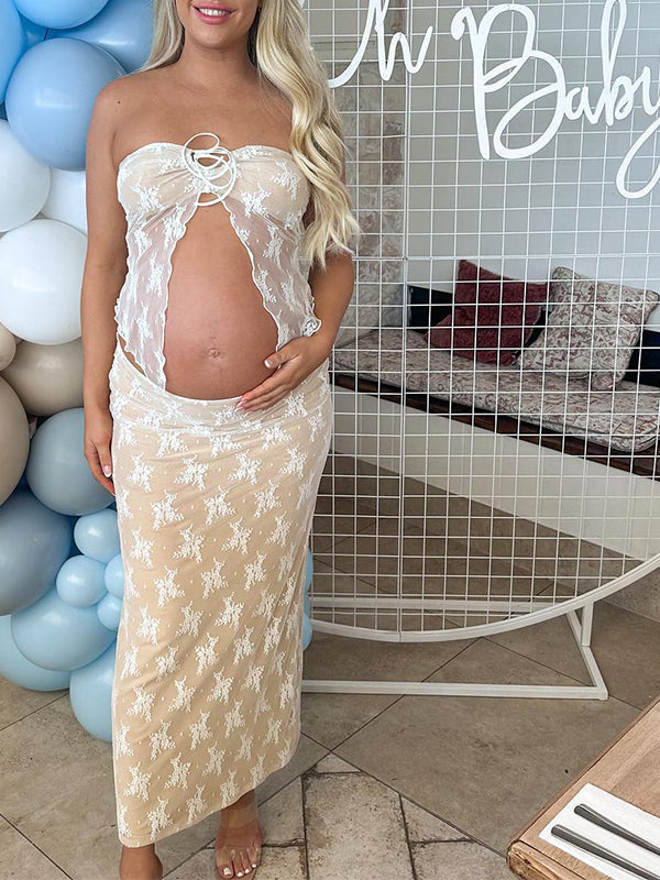 fotobeyou 2 Piece Lace Tube Tie Ruffle Elegant Fashion Bodycon Vacation Photoshoot Baby Shower Maternity Maxi Dress