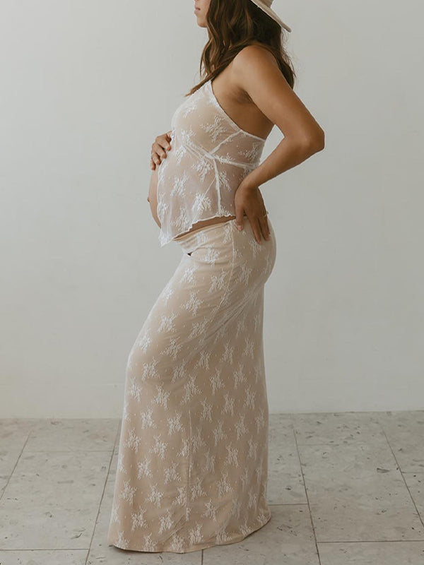 fotobeyou 2 Piece Lace Tube Tie Ruffle Elegant Fashion Bodycon Vacation Photoshoot Baby Shower Maternity Maxi Dress