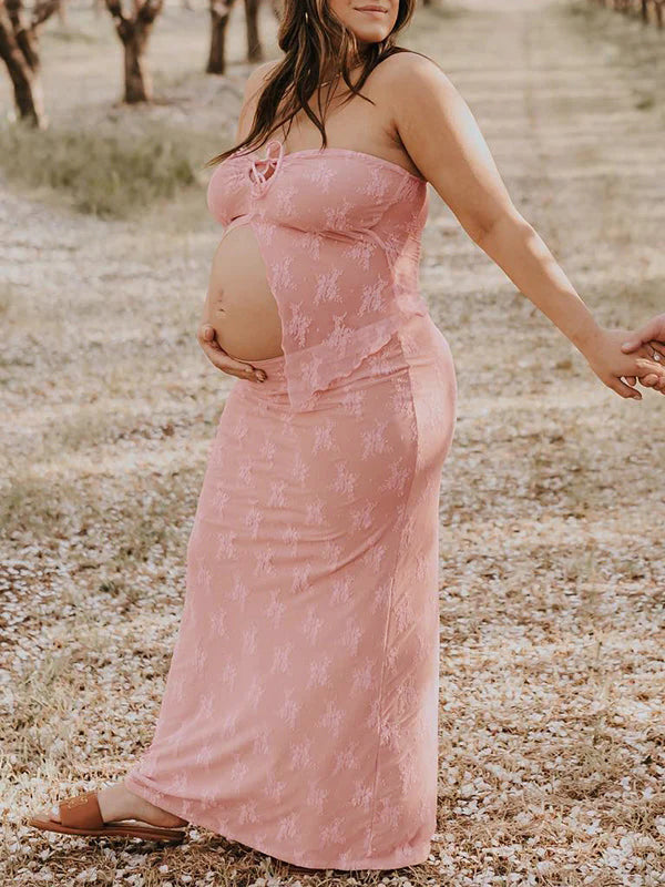 fotobeyou 2 Piece Lace Tube Tie Ruffle Elegant Fashion Bodycon Vacation Photoshoot Baby Shower Maternity Maxi Dress
