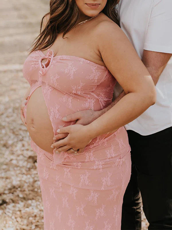 fotobeyou 2 Piece Lace Tube Tie Ruffle Elegant Fashion Bodycon Vacation Photoshoot Baby Shower Maternity Maxi Dress