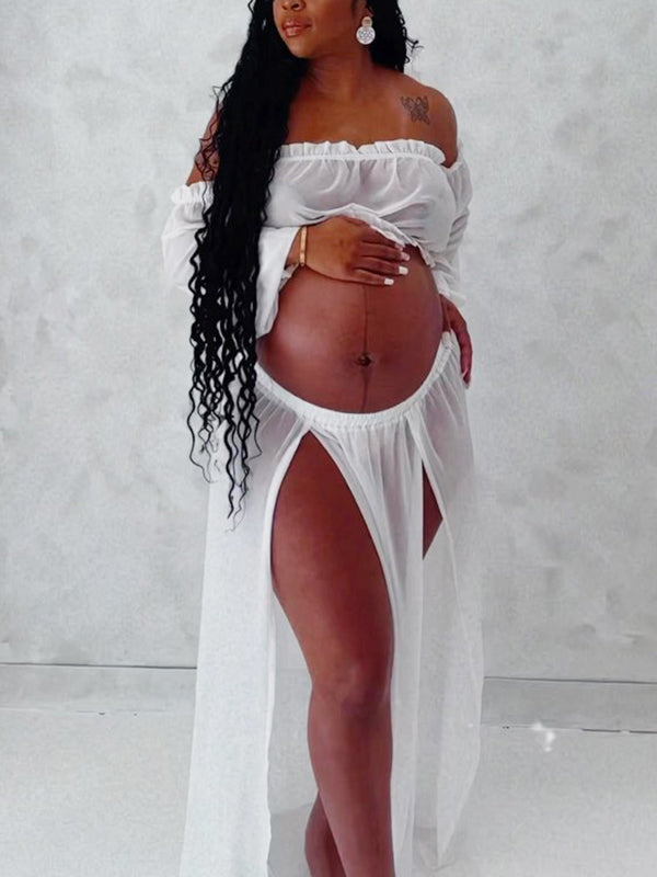 fotobeyou Chic White Two Piece Falbala Slits On Both Sides Transparent Off Shoulder Flowy Beach Maternity Photoshoot Maxi Dress