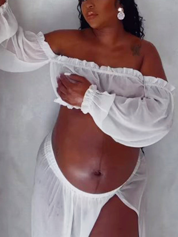 fotobeyou Chic White Two Piece Falbala Slits On Both Sides Transparent Off Shoulder Flowy Beach Maternity Photoshoot Maxi Dress
