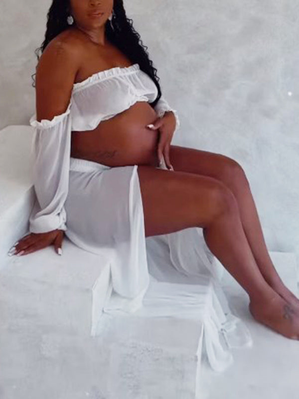 fotobeyou Chic White Two Piece Falbala Slits On Both Sides Transparent Off Shoulder Flowy Beach Maternity Photoshoot Maxi Dress