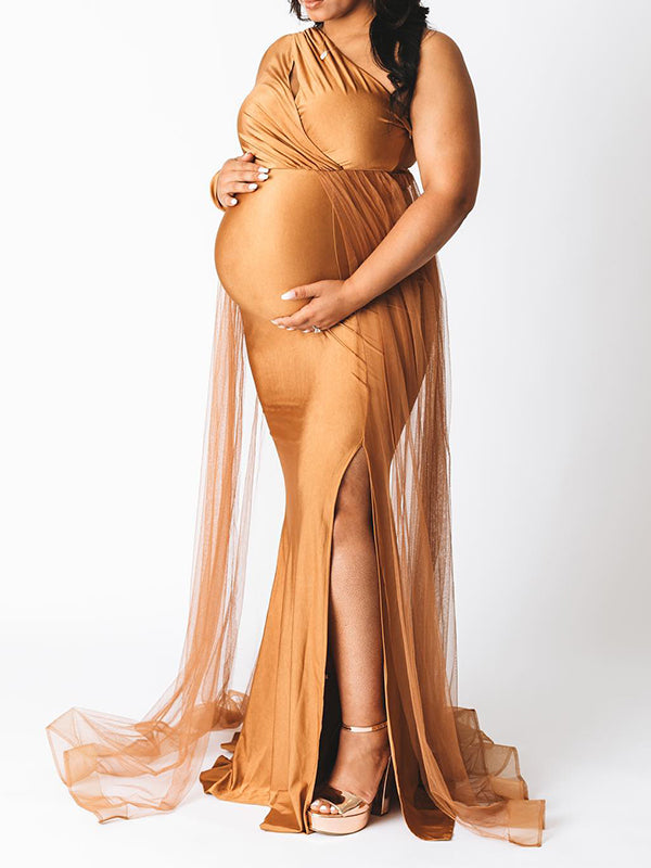 fotobeyou Khaki One Shoulder Cut Out Tulle Train Side Slit Plus Size Maternity Photoshoot Dresses