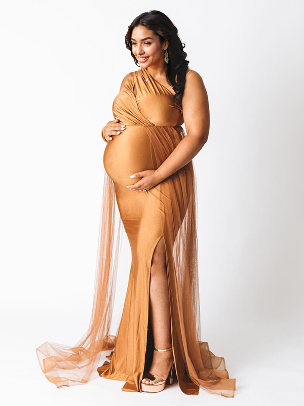 fotobeyou Khaki One Shoulder Cut Out Tulle Train Side Slit Plus Size Maternity Photoshoot Dresses