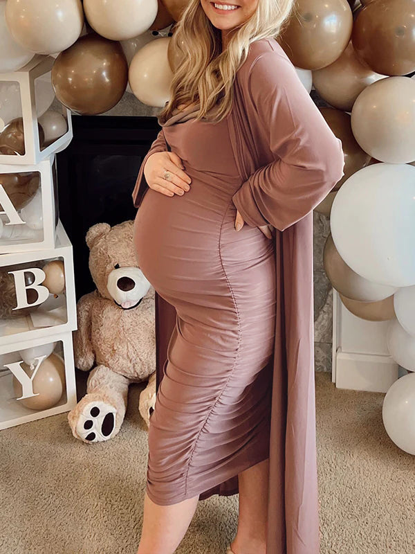 fotobeyou Ruched Cowl Neck Two Piece Spaghetti Strap Long Dress And Duster Coat Long Sleeve Babyshower Maternity Maxi Dress