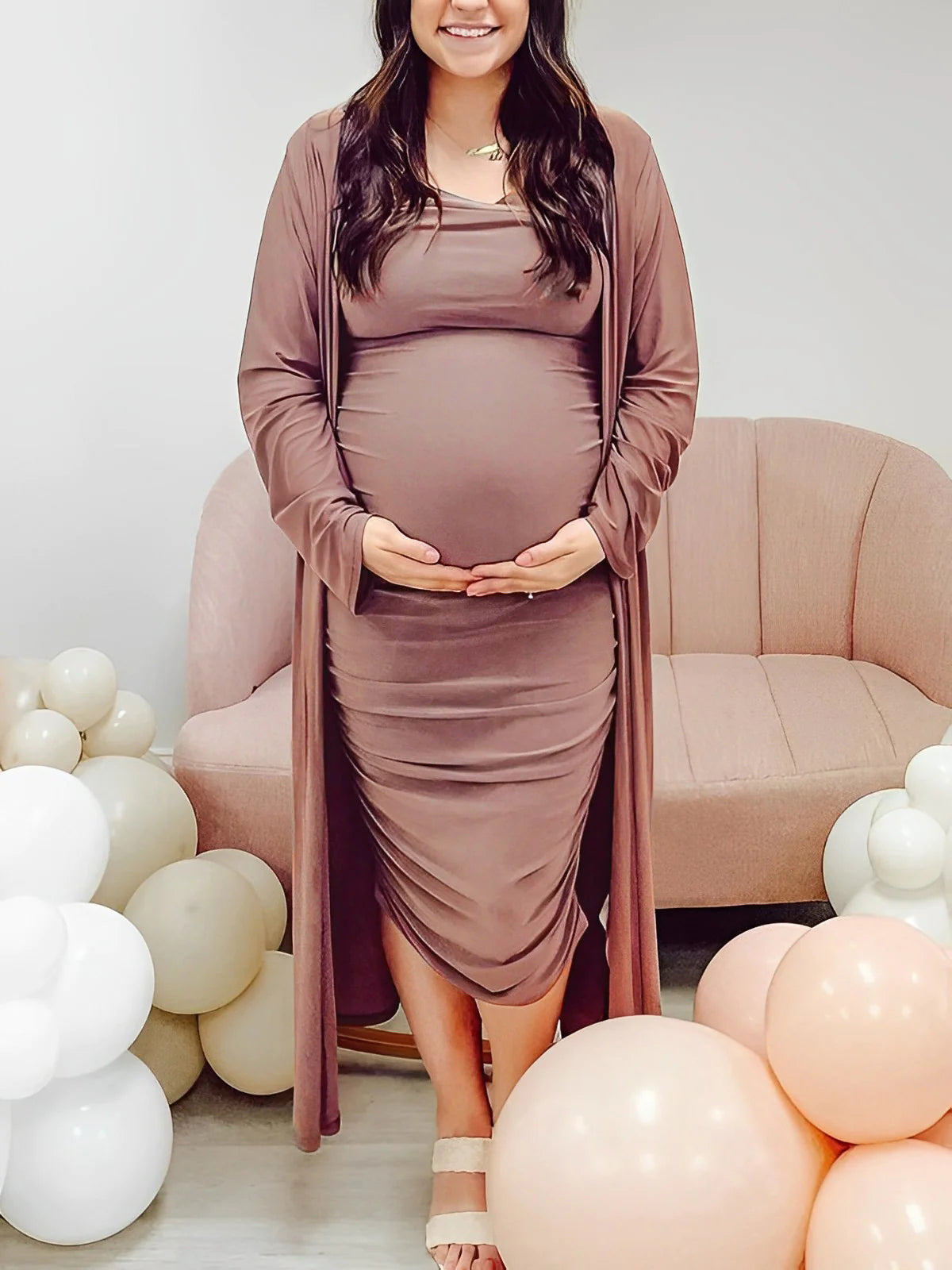 fotobeyou Ruched Cowl Neck Two Piece Spaghetti Strap Long Dress And Duster Coat Long Sleeve Babyshower Maternity Maxi Dress