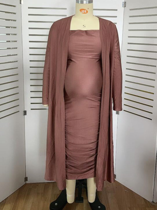 fotobeyou Ruched Cowl Neck Two Piece Spaghetti Strap Long Dress And Duster Coat Long Sleeve Babyshower Maternity Maxi Dress