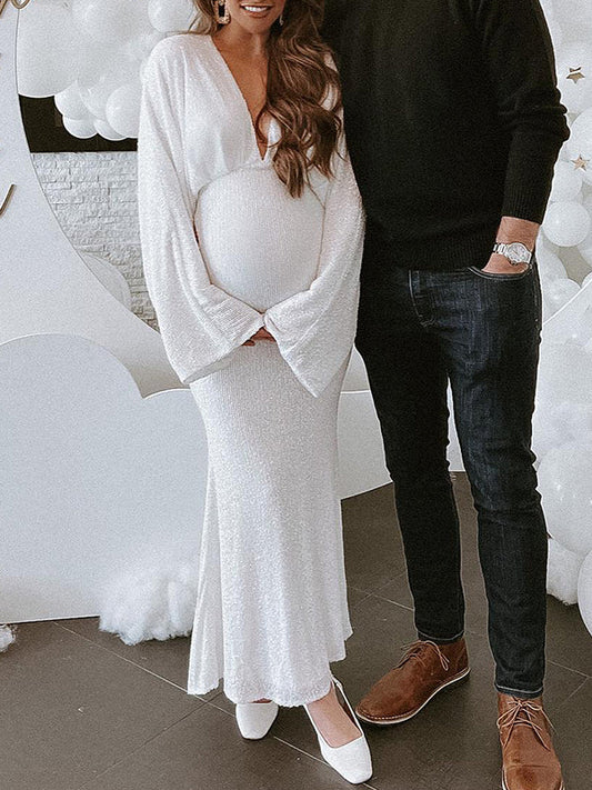fotobeyou Belly Friendly Sequin Mermaid V-neck Dolman Sleeve Babyshower Maternity Maxi Dress