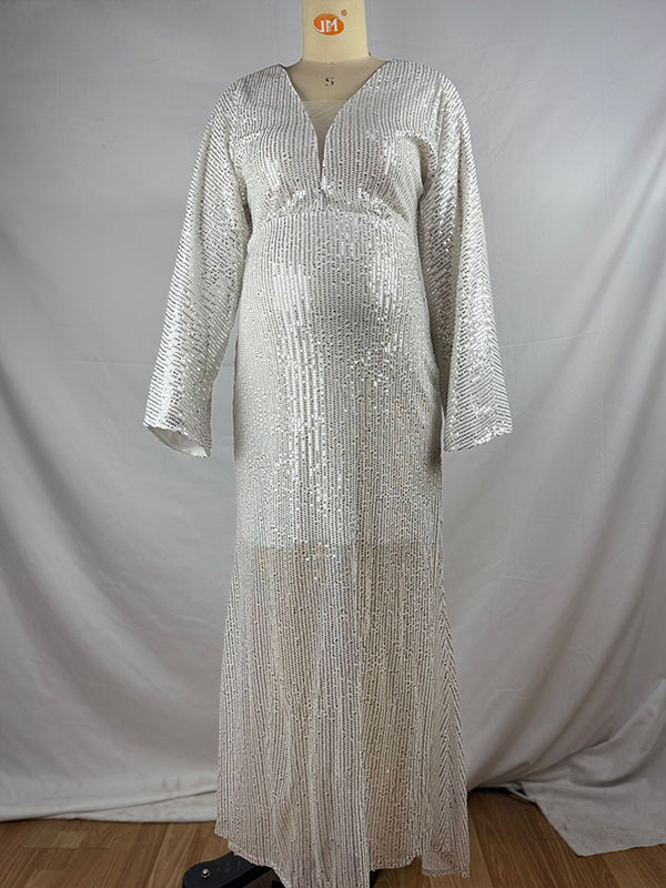 fotobeyou Belly Friendly Sequin Mermaid V-neck Dolman Sleeve Babyshower Maternity Maxi Dress