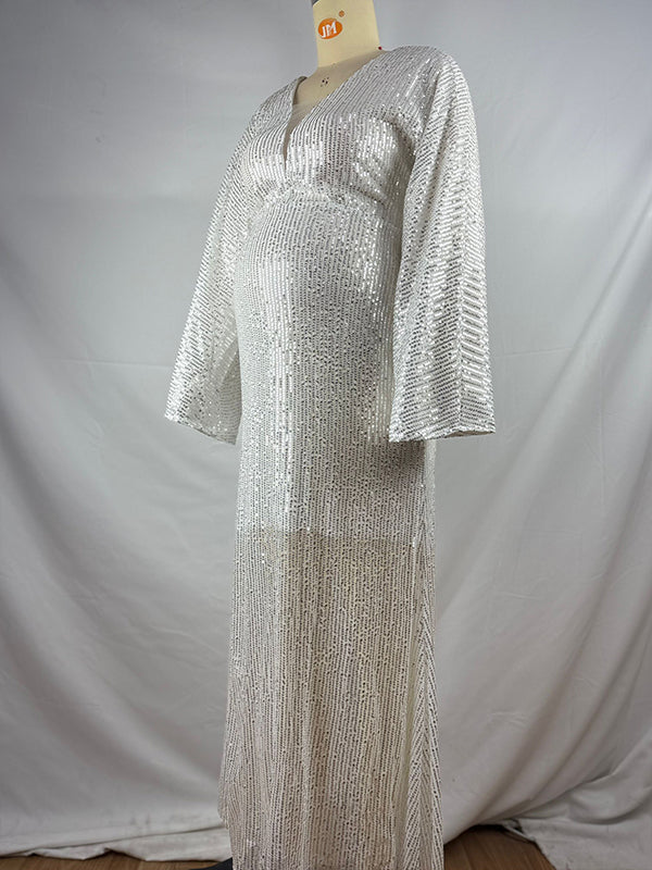 fotobeyou Belly Friendly Sequin Mermaid V-neck Dolman Sleeve Babyshower Maternity Maxi Dress