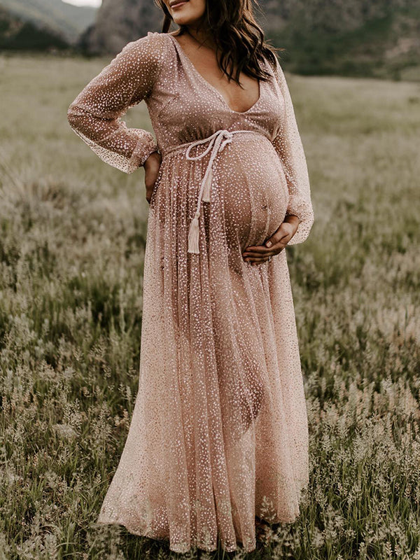 fotobeyou Belly Friendly V-neck Glitter Pleated Belt Boho Evening Photoshoot Babyshower Maternity Maxi Dress