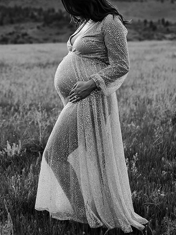 fotobeyou Belly Friendly V-neck Glitter Pleated Belt Boho Evening Photoshoot Babyshower Maternity Maxi Dress