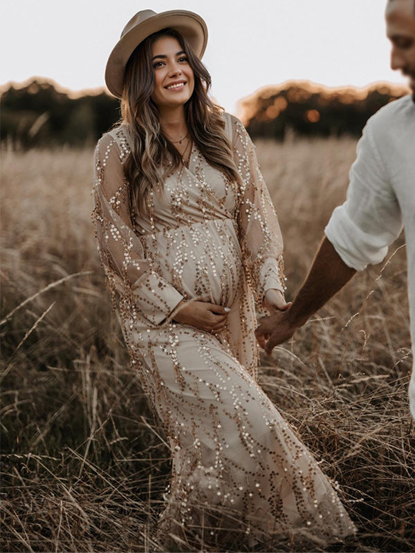 fotobeyou Apricot Sequin Tassel Tulle Ruched Cross Chest Multi Way Tie Back V-neck Elegant Boho Photoshoot Maternity Maxi Dress