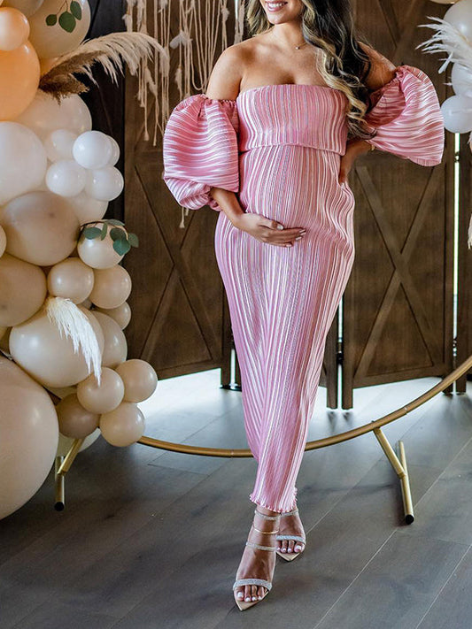 fotobeyou Pink Off Shoulder Bandeau Ribbed  Pleated Bodycon Puff Sleeve Evening Gown Baby Shower Maternity Maxi Dress