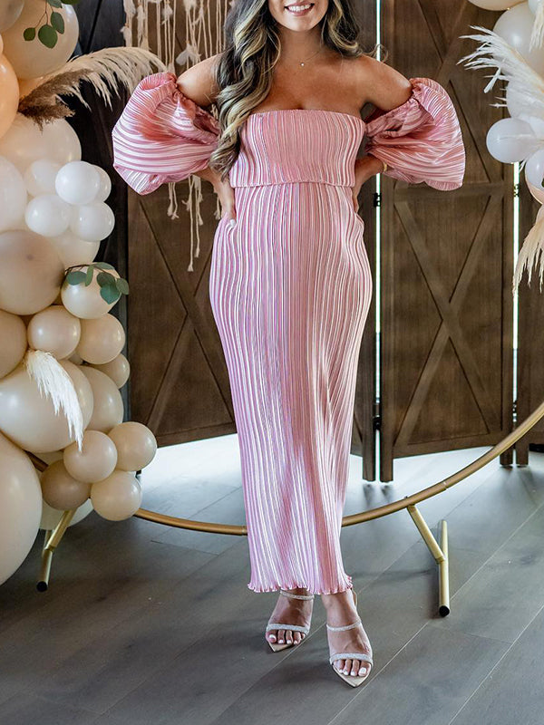 fotobeyou Pink Off Shoulder Bandeau Ribbed  Pleated Bodycon Puff Sleeve Evening Gown Baby Shower Maternity Maxi Dress