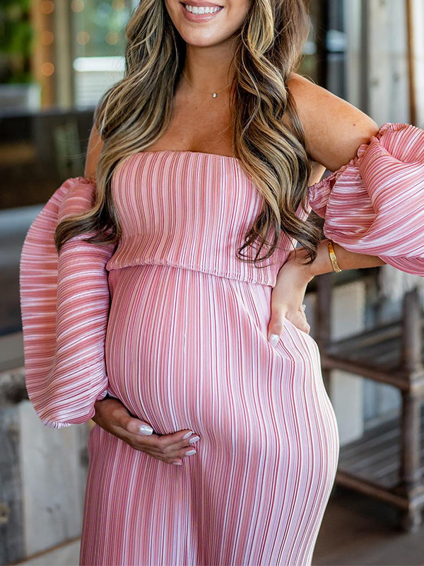 fotobeyou Pink Off Shoulder Bandeau Ribbed  Pleated Bodycon Puff Sleeve Evening Gown Baby Shower Maternity Maxi Dress